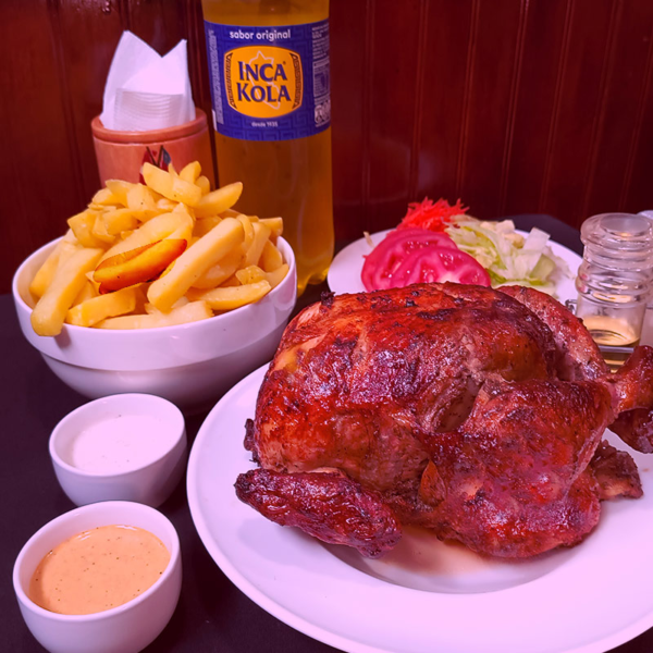 Pollo a la brasa peruano con bebida